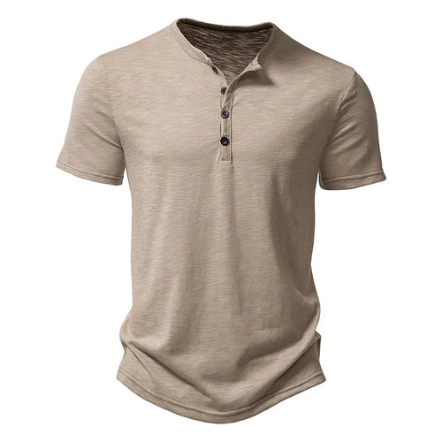 Henley Collar Summer Men Casual Solid Color Short Sleeve T Shirt for