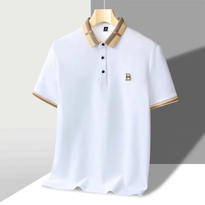 Luxury brand logo short sleeve polo shirt men summer new high-end silk