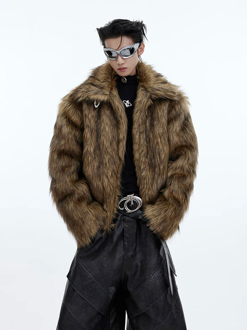 Mauroicardi Winter Short Thick Warm Brown Hairy Soft Faux Fur Coat Men
