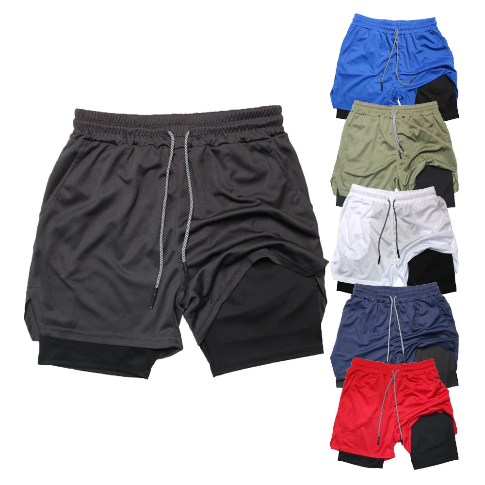 Men's Double Layer Fitness Shorts Men Fitness Gym Training 2 in 1