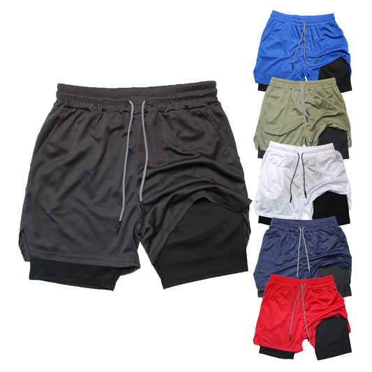 Men's Double Layer Fitness Shorts Men Fitness Gym Training 2 in 1