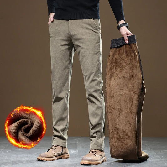 2025 New Winter Fleece Warm Corduroy Pants Men Business Fashion Slim