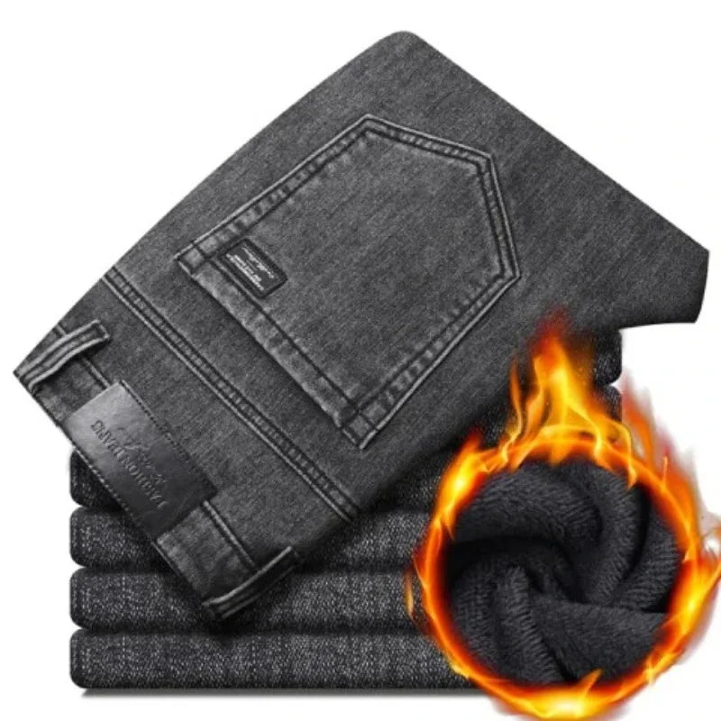 Winter Warm Jeans Men's Slim Straight Elastic Denim Pants Casual Male