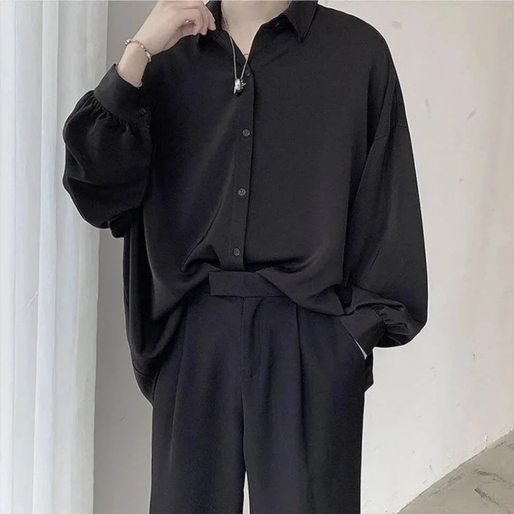 Korean Style Men's Long-sleeved Shirts Black Tie Cozy Casual Solid
