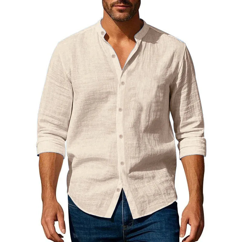 Cotton Linen Shirt for Men Henley Neck Solid Color Lightweight