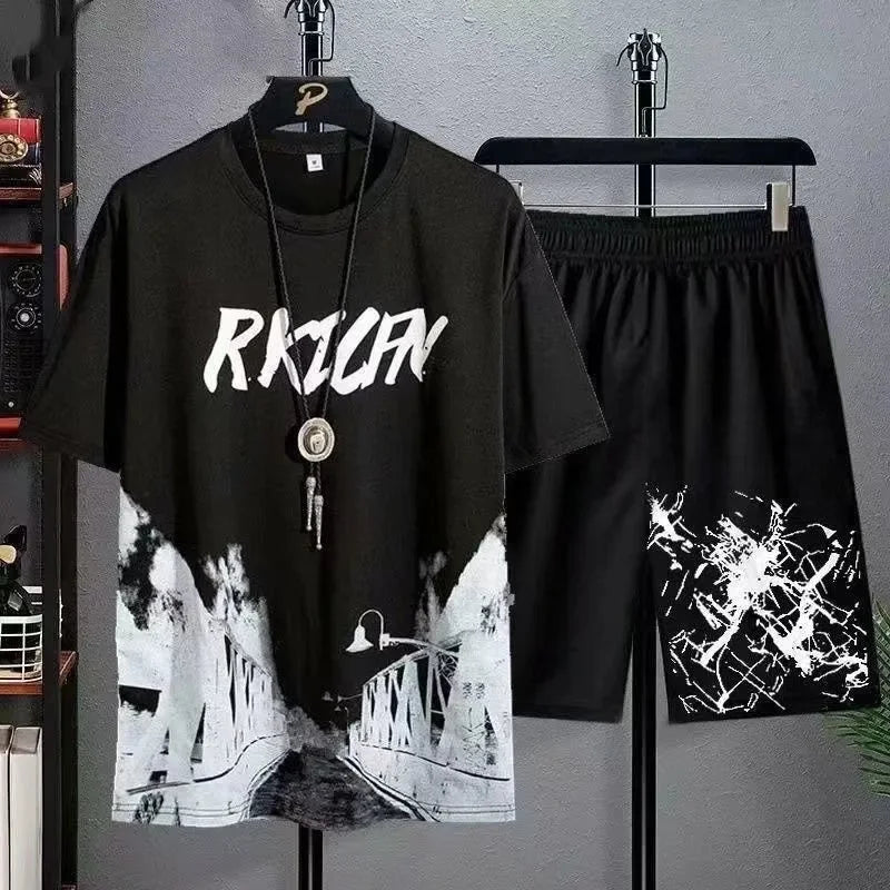 2024 Summer leisure Men set Manga Graffiti Tees T-shirt+shorts 2-piece
