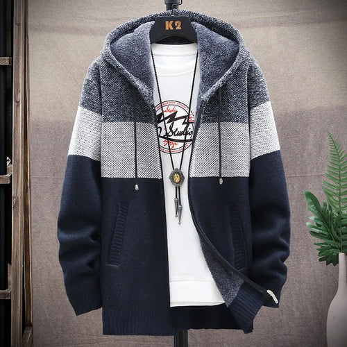 Men's Knit Sweater Fleece Coat Striped Jackets Fashion Hoodies Winter