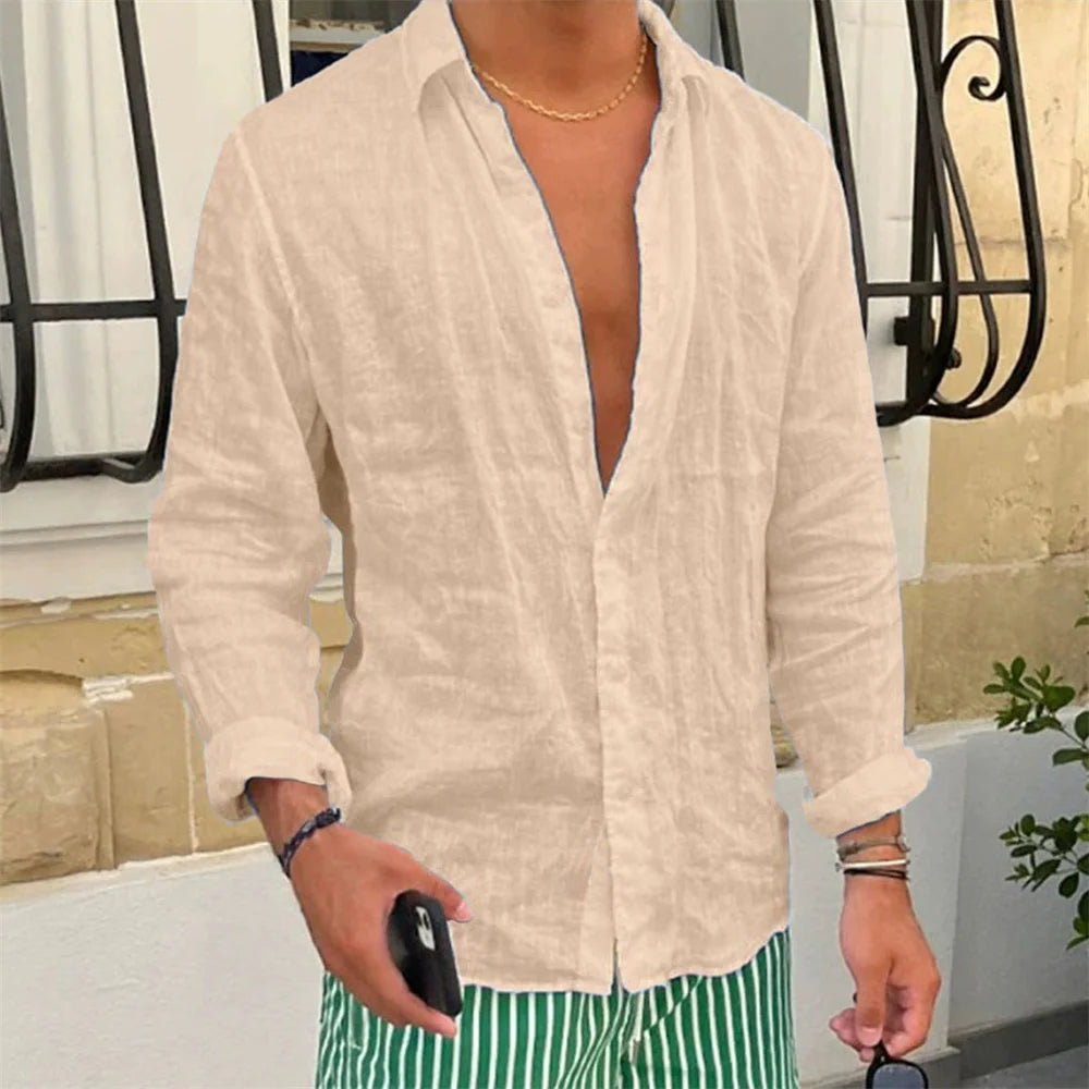 Spring Autumn Men's Cotton Linen Shirt Casual Long Sleeve Solid Color
