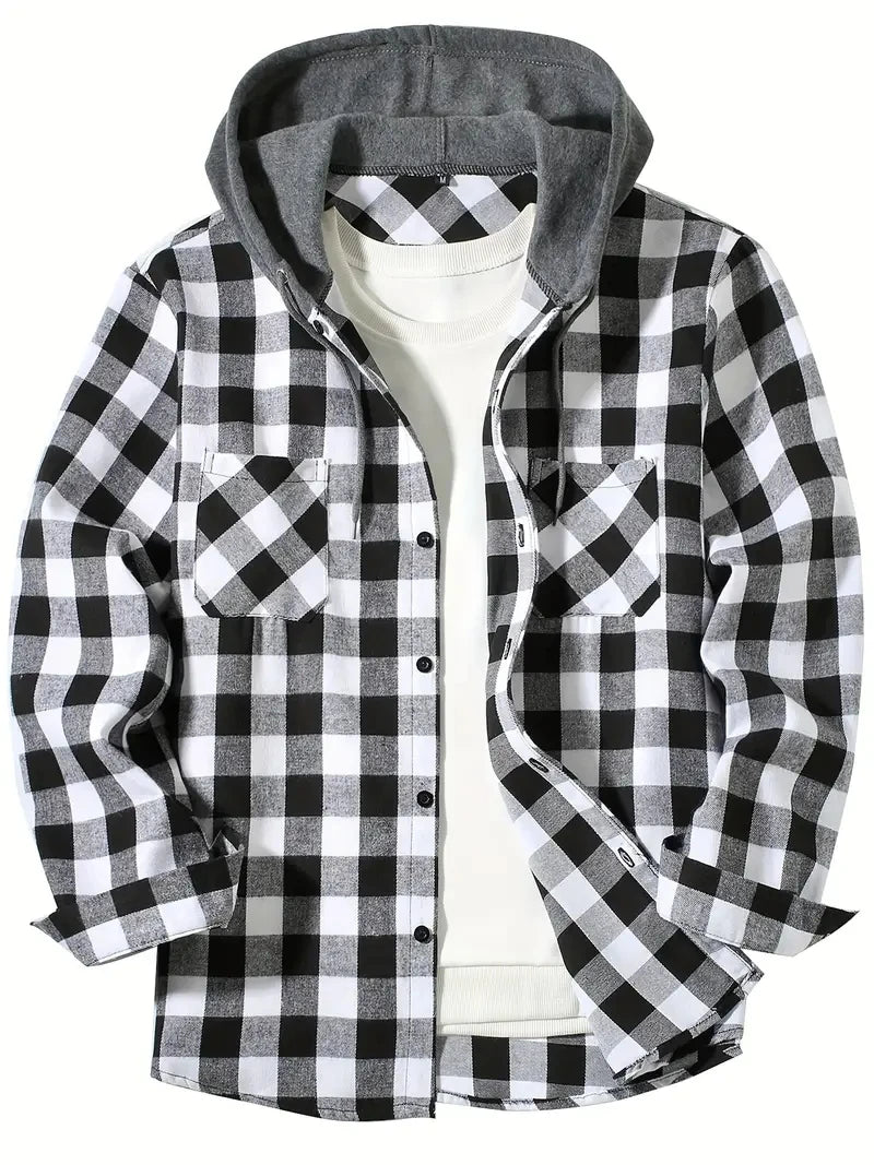 Youth Fashion Street Hooded Plaid Shirt Men's Slim Fit Long Sleeved