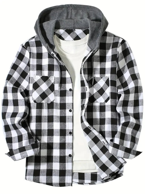Youth Fashion Street Hooded Plaid Shirt Men's Slim Fit Long Sleeved