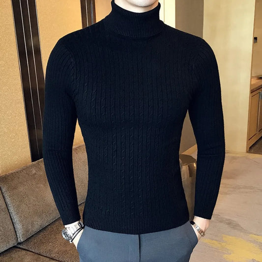 Autumn Winter Turtleneck Pullovers Warm Solid Color Men's Sweater Slim