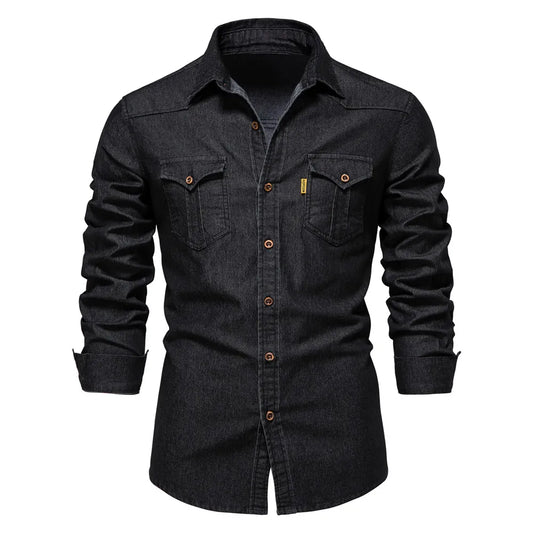AIOPESON Brand Elastic Cotton Denim Shirt Men Long Sleeve Quality