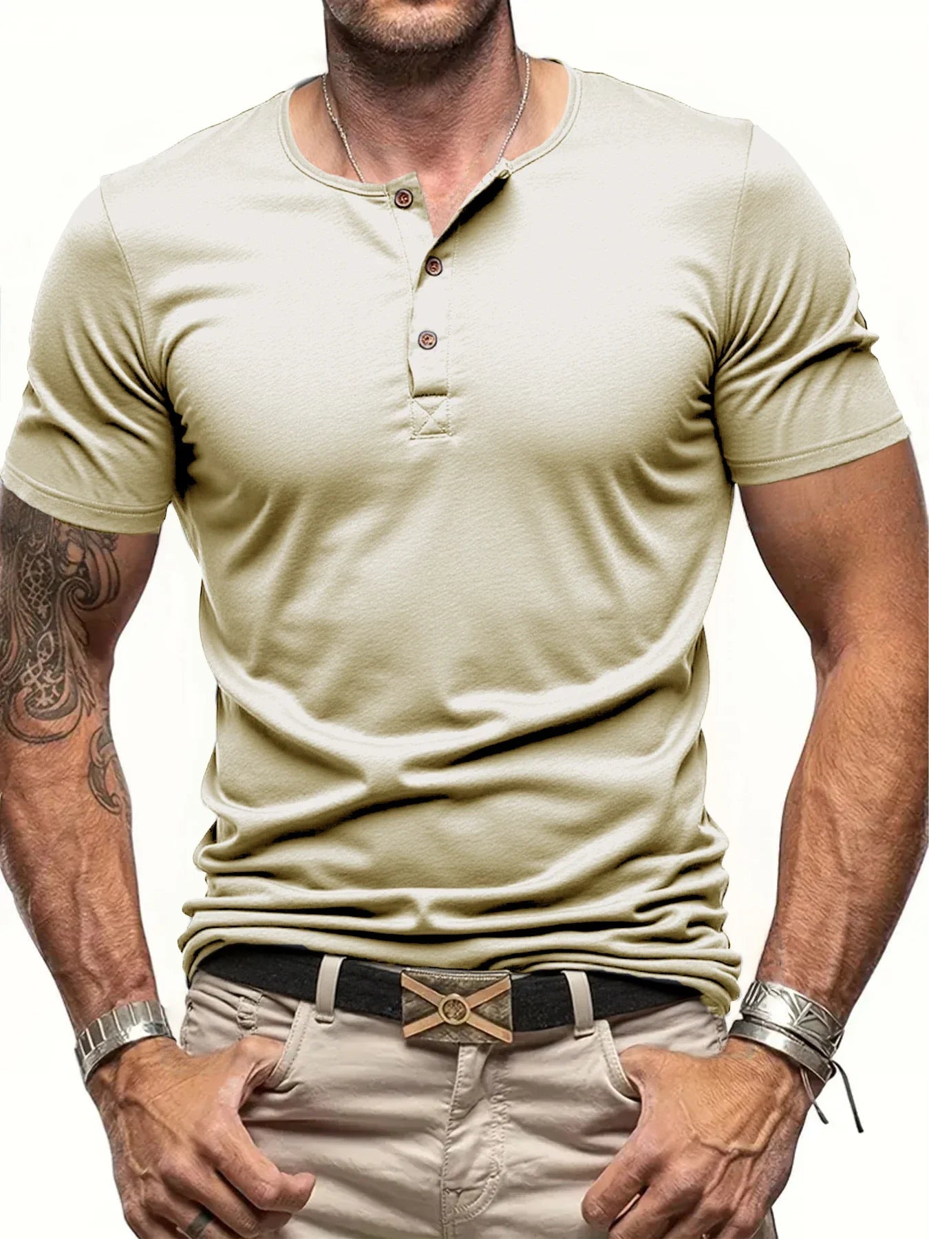 Men's Short Sleeve Henley Neck T-shirt Solid Color Male Tops Slim Fit