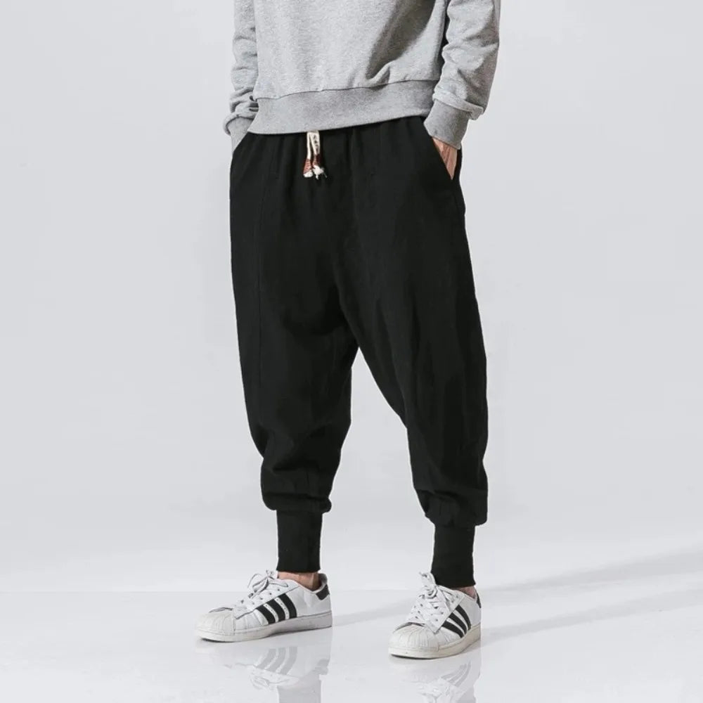 Cotton Linen Harem Pants Men Streetwear Joggers New Baggy Drop-crotch