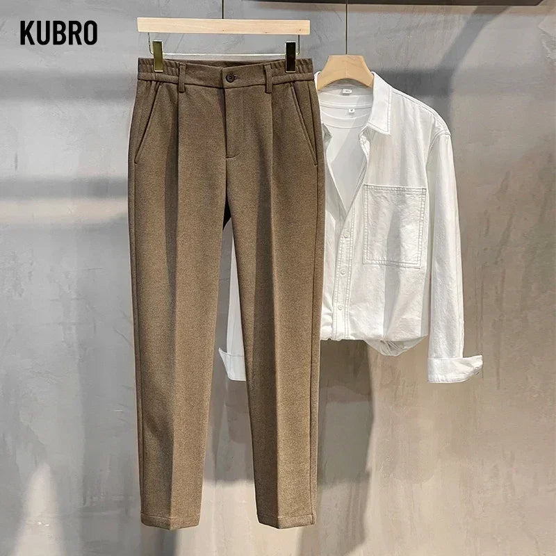 Autumn Winter Suit Pants Men Thick Business Elastic Waist Classic Grey