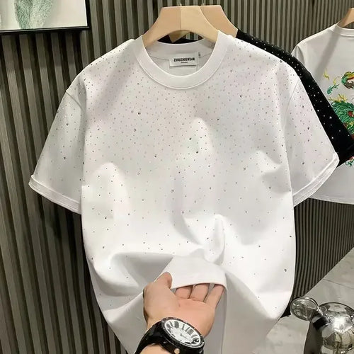 Summer Men Clothing Summer Rhinestone Rivet T-shirt Round Neck Casual