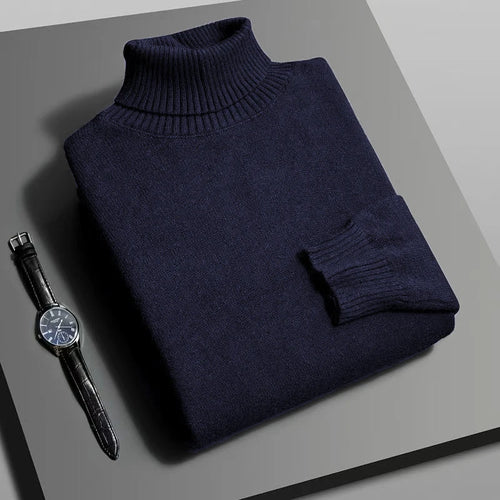 Autumn Mens High Quality Knitted Turtleneck Sweater Slim Fit Long