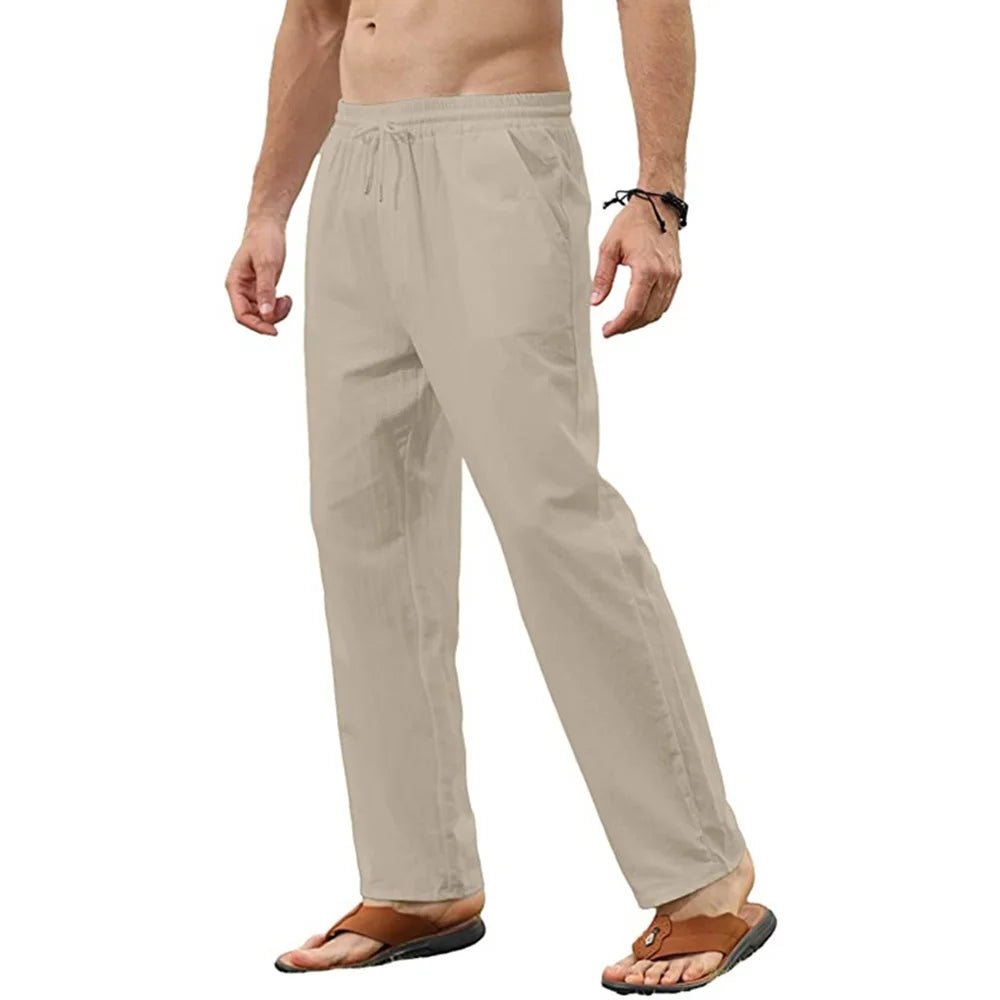 Men's Cotton Linen Pants Casual Loose Pants Male Breathable Solid