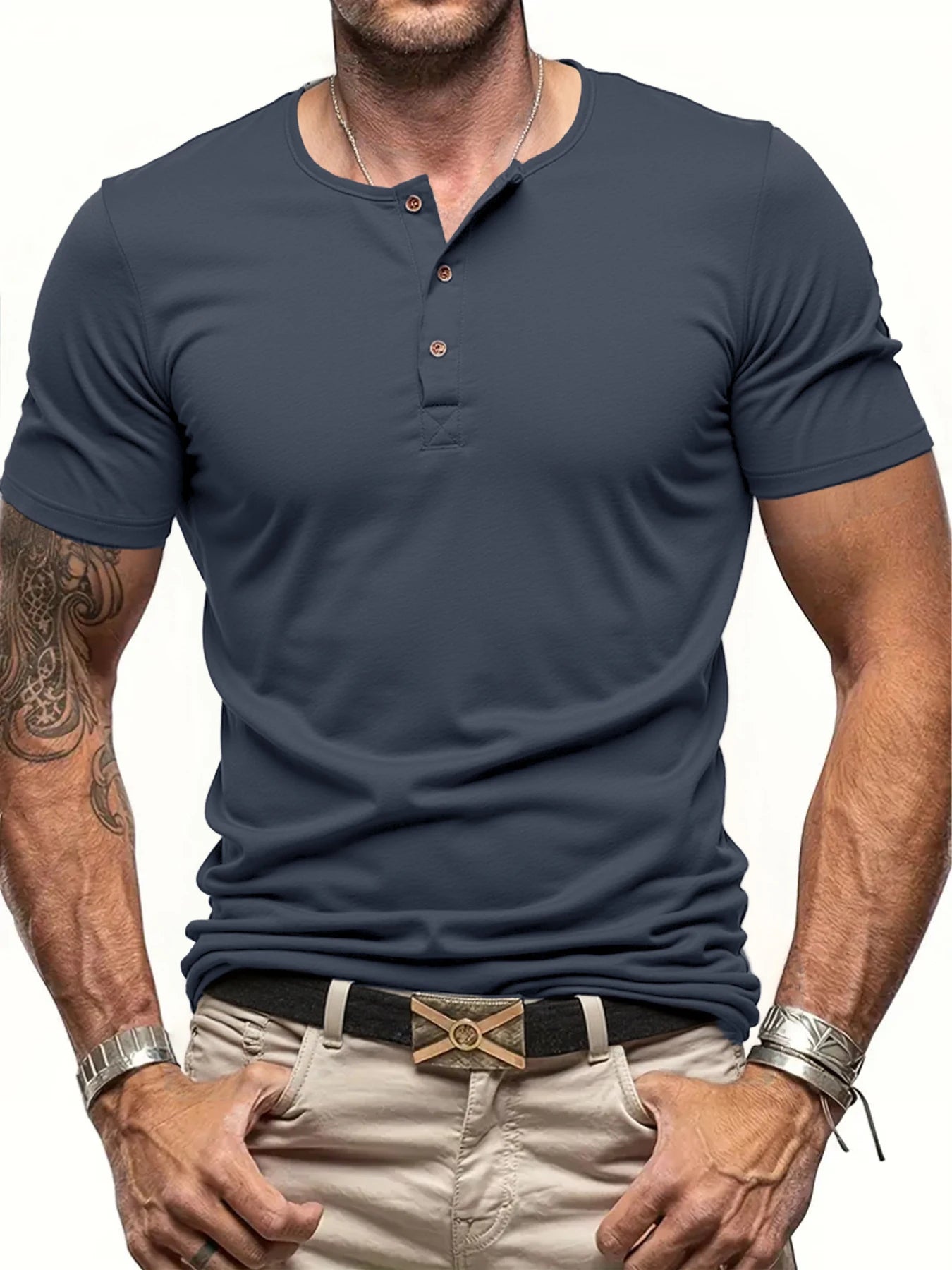 Men's Short Sleeve Henley Neck T-shirt Solid Color Male Tops Slim Fit
