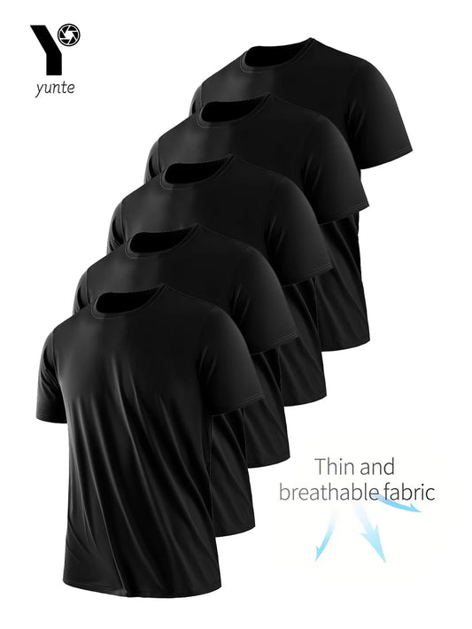 Round Neck T-Shirt 5-Piece Black Ultra-Light Men's Quick-Drying