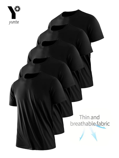 Round Neck T-Shirt 5-Piece Black Ultra-Light Men's Quick-Drying