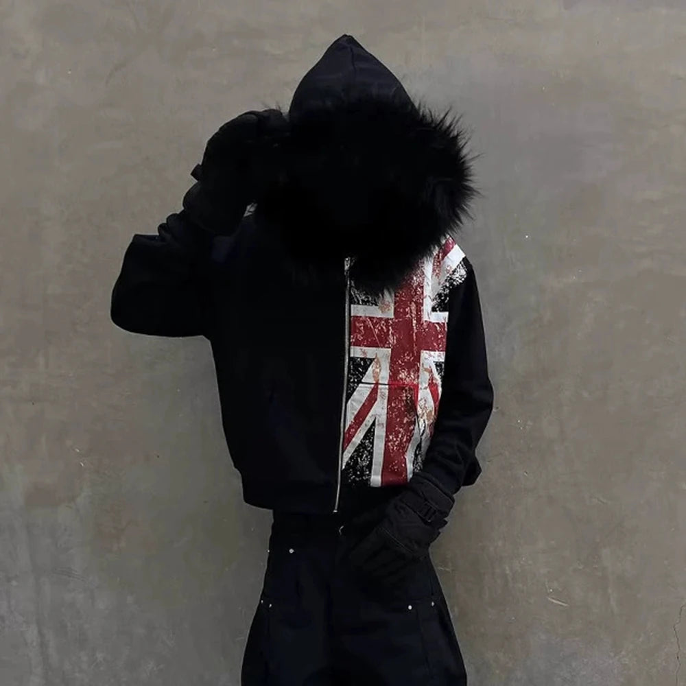 Retro Y2K Ins Fur Collar Printed Zipper Sweatshirt Long Sleeved