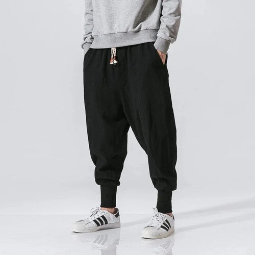 Cotton Linen Harem Pants Men Streetwear Joggers New Baggy Drop-crotch