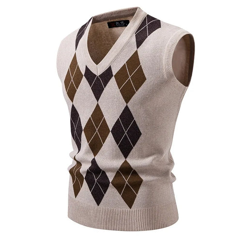 New Mens Argyle Knitwear Vest V Neck Sleeveless Casual Slim Fit