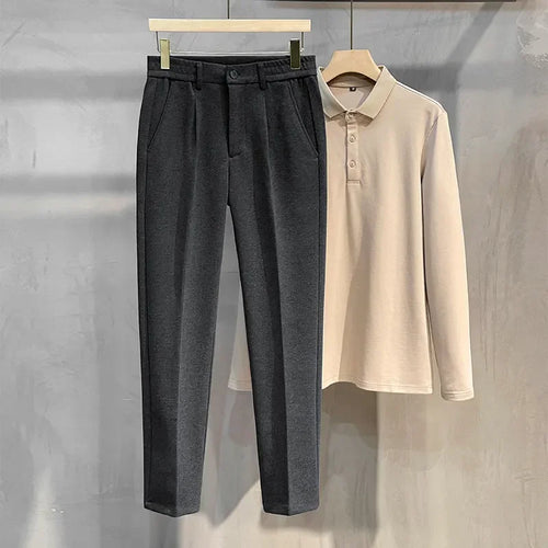 Autumn Winter Suit Pants Men Thick Business Elastic Waist Classic Grey