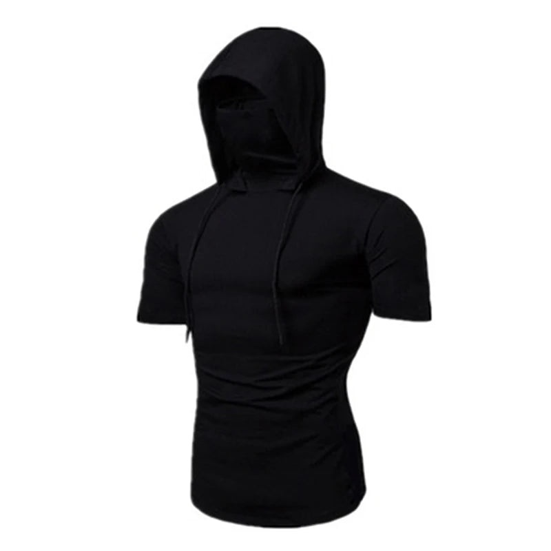 Mens Gym Thin Hoodie Short Sleeve Hoodies With Mask Sweatshirt Casual