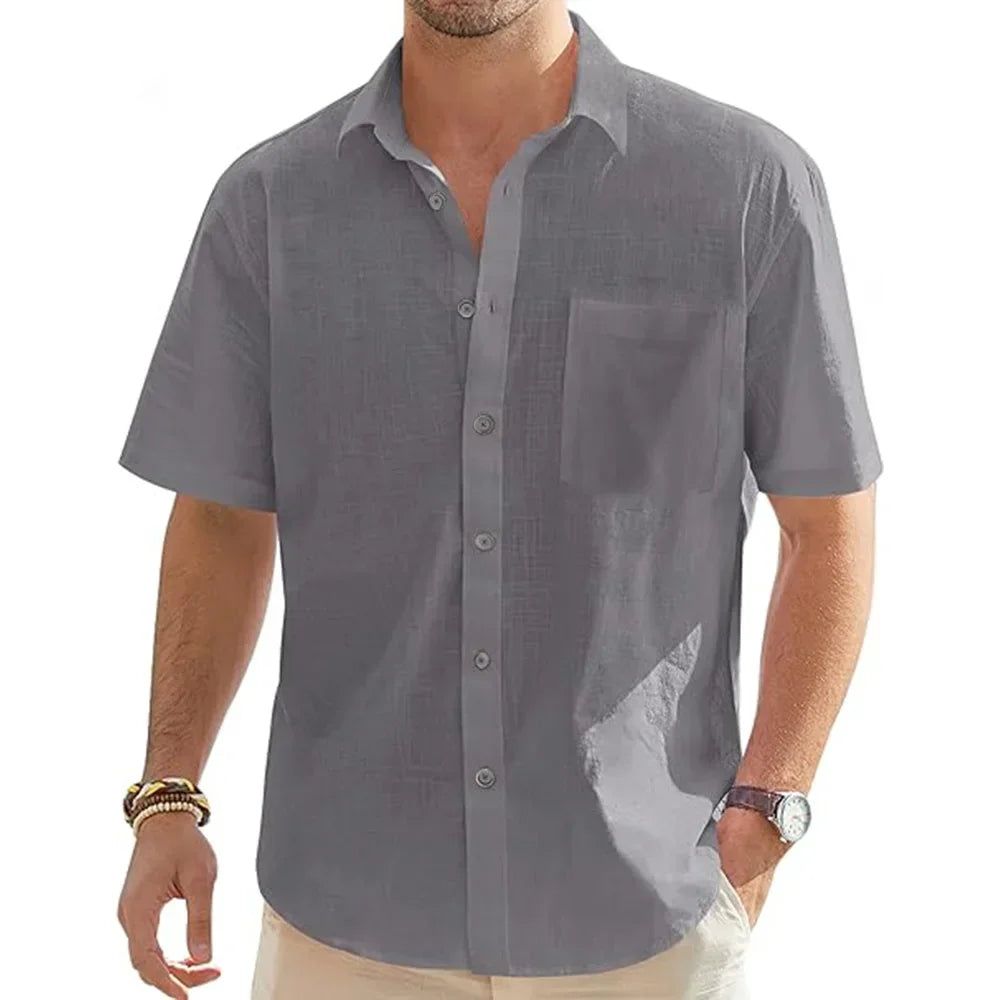 Men's Solid Color Cotton Linen Short Sleeve Shirts Vacation Beach