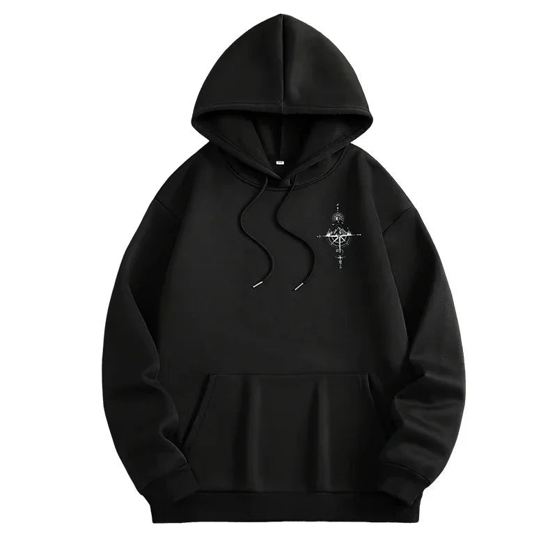 Vintage Compass Print Hoodies for Men High Quality Hooded Long Sleeve