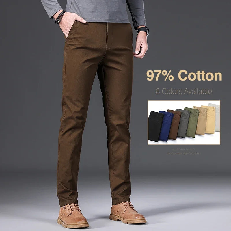 97% Cotton Men's Casual Pants Autumn Fashion Comfortable Elastic Slim