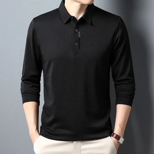 Men's Waffle Long Sleeved POLO Shirt with Letter Printed Lapel Casual