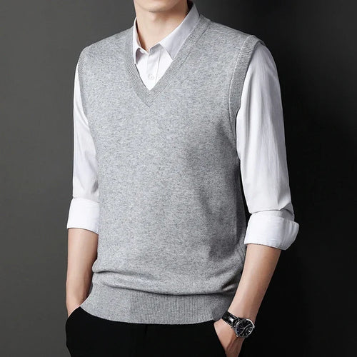 2024 Autumn Winter New Men's Solid Color V-neck Knitted Vest Casual