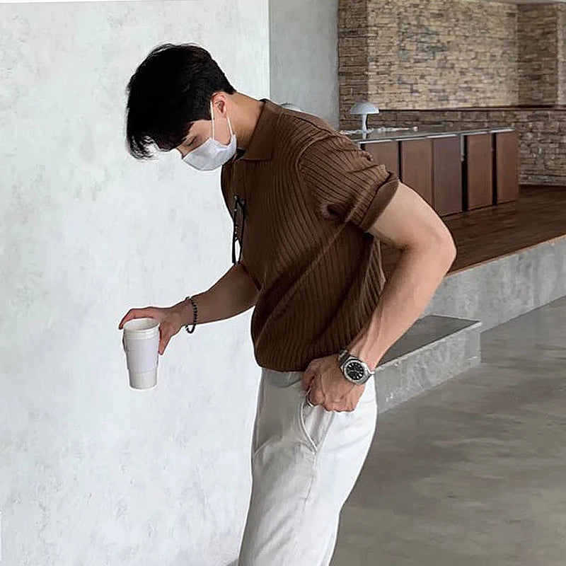 Summer Men's Clothing Retro Knit Lapel Striped Polo Shirt Solid Color