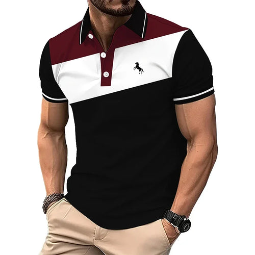 Men Clothes Summer Casual Short Sleeve Spell Color Button Polo Shirt