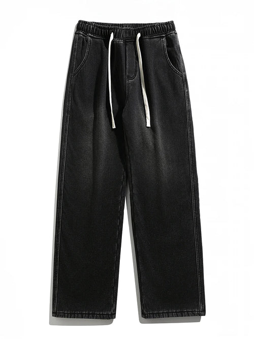 Men's Winter Jeans Fleece-Lined Brushed Thick Warm Denim Pants Korean