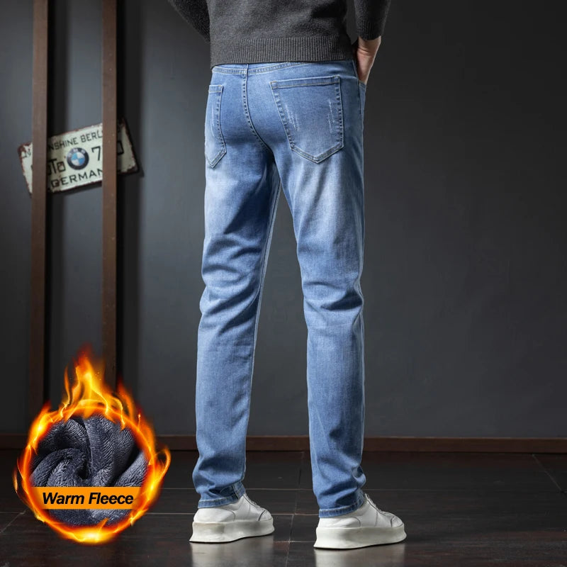 2025 Winter Fleece Jeans Men's Fashion Elastic Slim Straight Warm