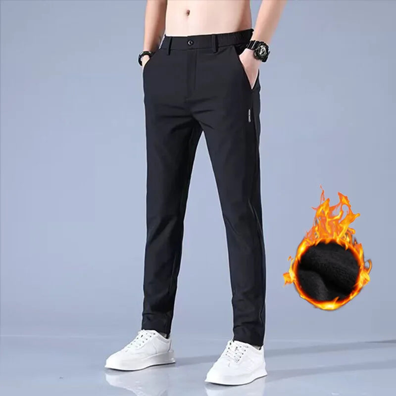 2024Winter velvet Casual Pants Men Thick Business Stretch Slim Elastic