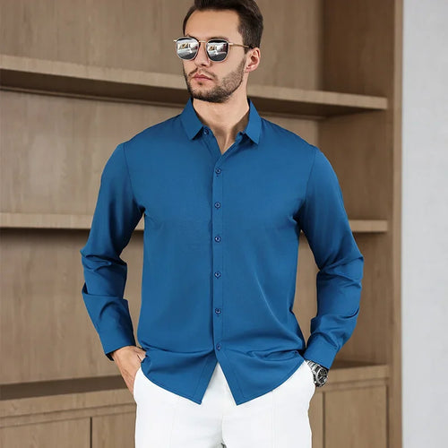 New Men's Business Casual Long Sleeved Solid Color Shirt Wrinkle