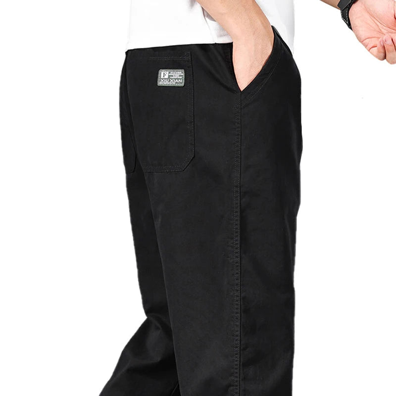 Big Size Mens Casual Pants Relaxed Fit Cotton Trousers Elastic Waist