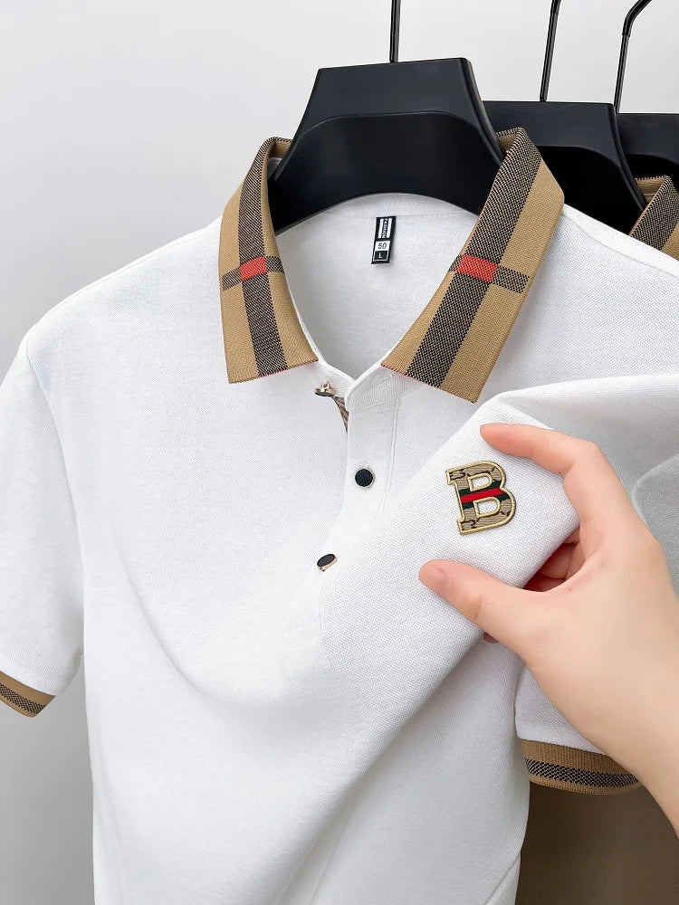 Luxury brand logo short sleeve polo shirt men summer new high-end silk