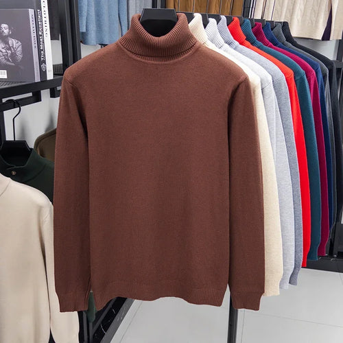 Autumn Mens High Quality Knitted Turtleneck Sweater Slim Fit Long