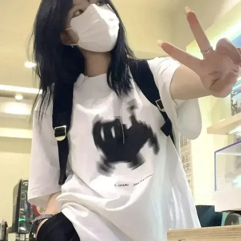 Unisex Oversize Black Cat Women Men Print T-Shirt Round Neck Fun