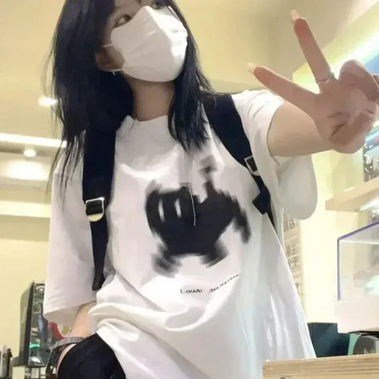Unisex Oversize Black Cat Women Men Print T-Shirt Round Neck Fun