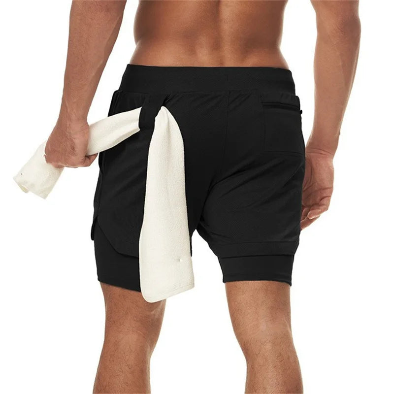 Men's Double Layer Fitness Shorts Men Fitness Gym Training 2 in 1