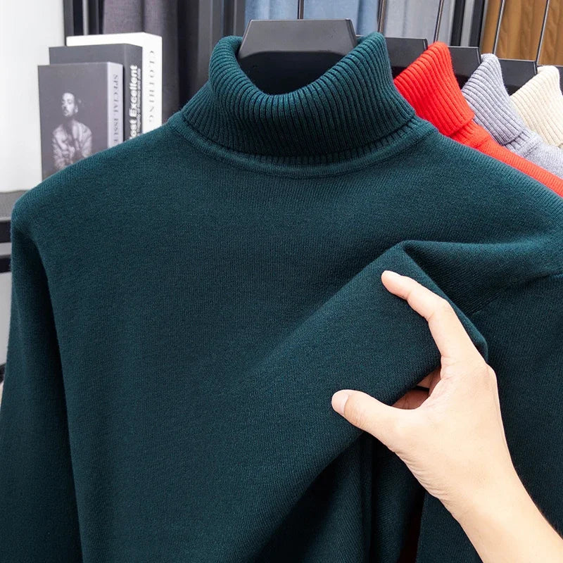 Autumn Mens High Quality Knitted Turtleneck Sweater Slim Fit Long