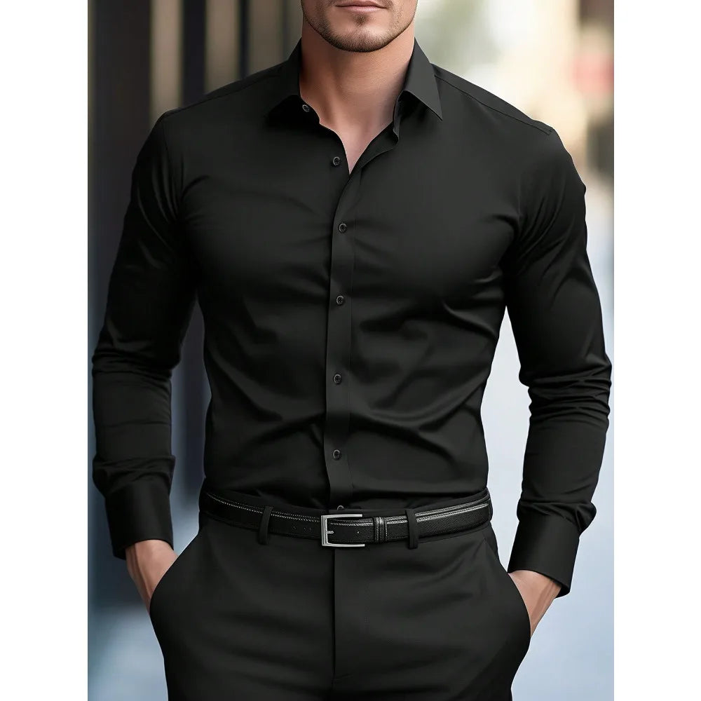 2025 Men's Shirt Brand New Solid Color Long Sleeve Smart Casual Four