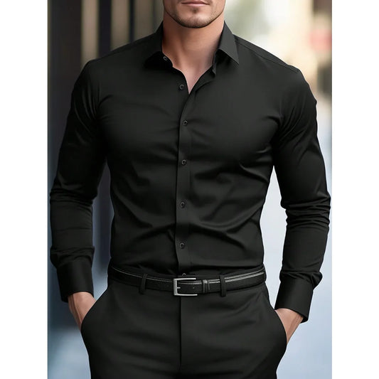 FGKKS New Men Shirt Brand New Solid Color Long Sleeve Elastic Fabric